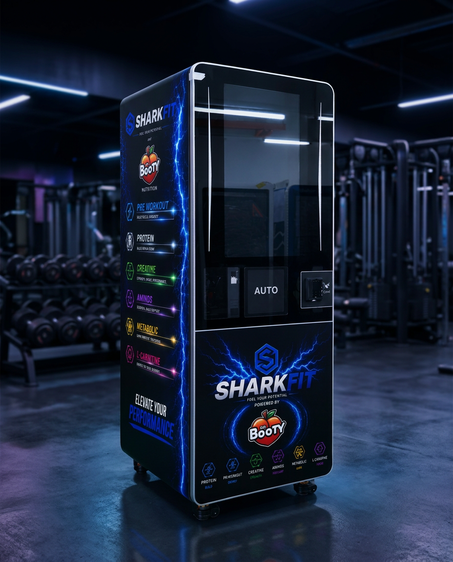 The real SharkFit automated sports nutrition machine inside a premium gym
